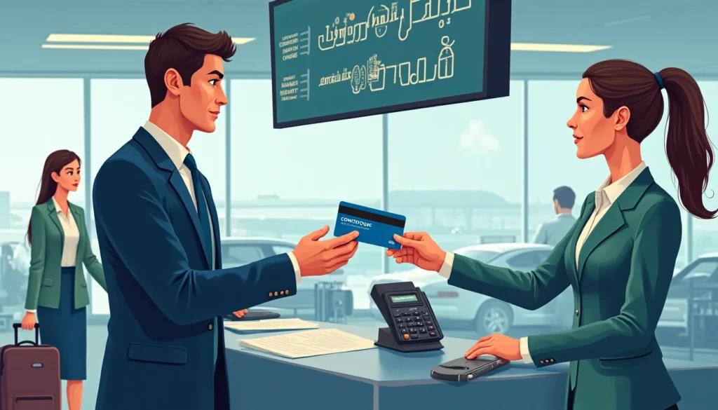Dame qui tend sa carte bancaire à un monsieur pour payer la location de voiture Dame qui tend sa carte bancaire à un monsieur pour payer la location de voiture