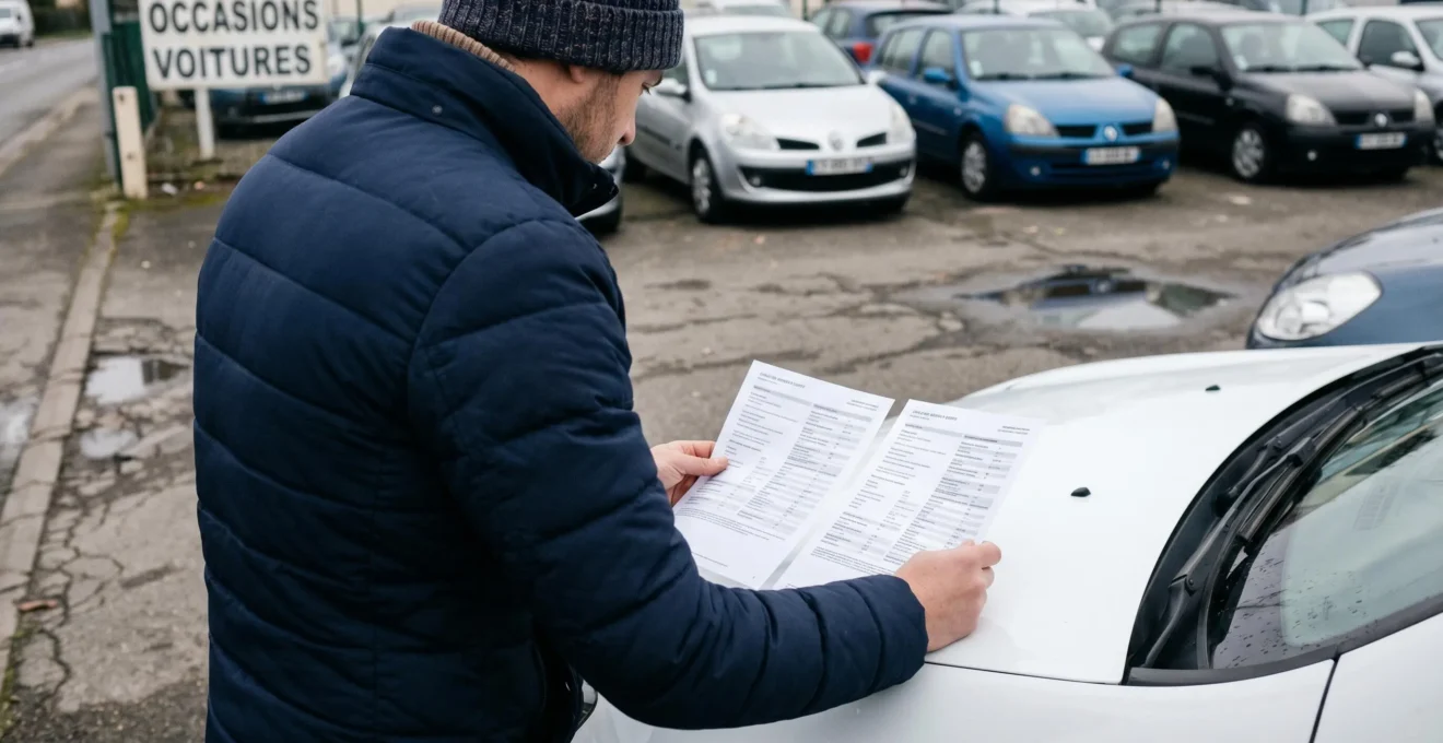 Acheteur comparant deux fiches techniques de Renault Clio 4 côte à côte sur capot de voiture