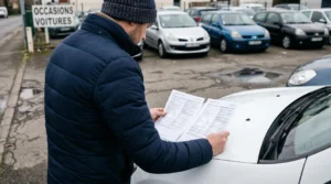 Acheteur comparant deux fiches techniques de Renault Clio 4 côte à côte sur capot de voiture