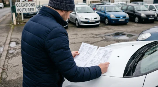 Acheteur comparant deux fiches techniques de Renault Clio 4 côte à côte sur capot de voiture