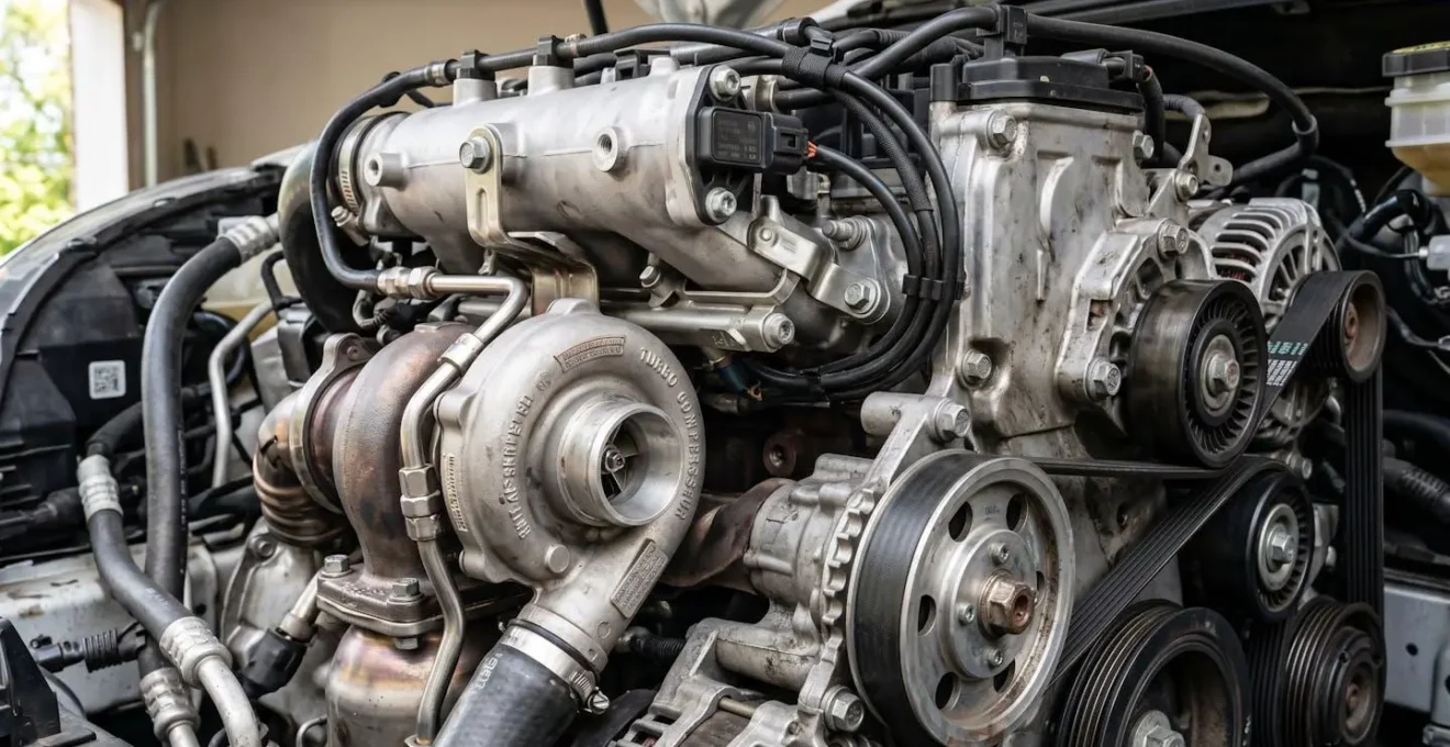 Gros plan sur le compartiment moteur d'une Renault Clio 4 montrant le turbo et la courroie de distribution